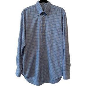 Scott Barber Men’s Medium 100% Cotton Blue Tan Plaid Long Sleeve Button Up